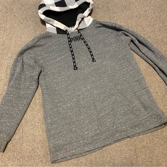 Victorias Secret PINK Hoodie Adult Gray Plaid Sherpa Lined Hood Spell Out Medium - Picture 2 of 9